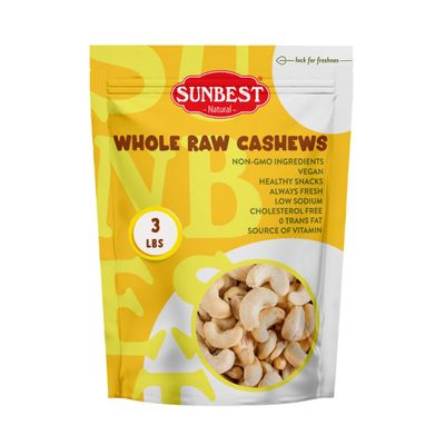 Sunbest Natural Raw Whole Cashews 48 oz (3 lb) Bulk Bag Unsalted, Unroasted Cashews, Vegan, Gluten-Free, Non-GMO Perfect for Snacking, Cooking & Baking
