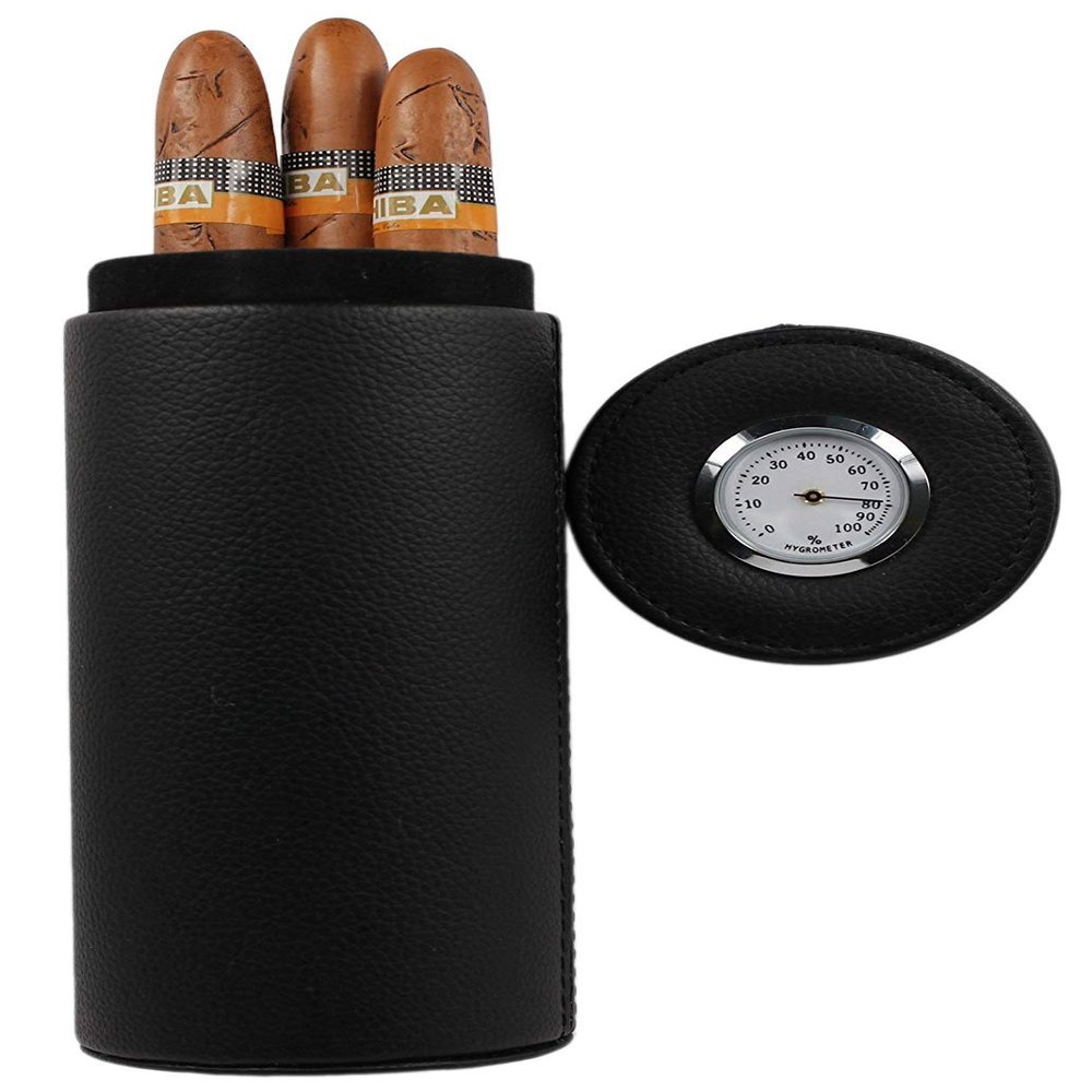 AMANCY Effective Black Leather Giftable Cigar Cylinder Humidor for 5 Cigars, Travel Cigar Case with Outside Hygrometer, Cedar Wood Lined Portable Leather Cigars Humidor.