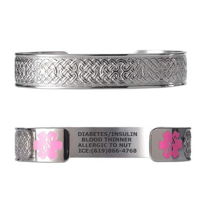 Divoti Custom Engraved Medical Alert ID Bracelets for Women | 316L Stainless Steel with Celtic Knot Design | Stylish & Heavy Duty Construction |Lobster Claw Clasp with Cuff Chain |Pink