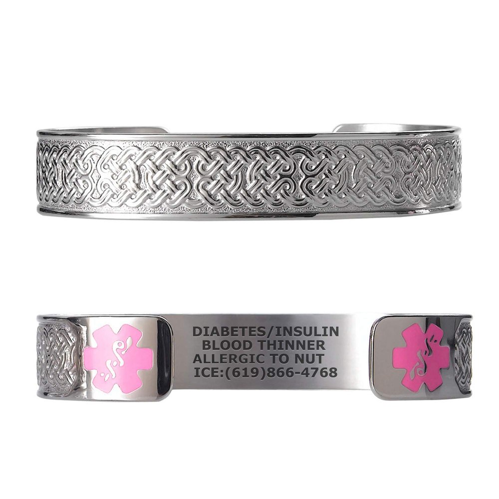 Divoti Custom Engraved Medical Alert ID Bracelets for Women | 316L Stainless Steel with Celtic Knot Design | Stylish & Heavy Duty Construction |Lobster Claw Clasp with Cuff Chain |Pink