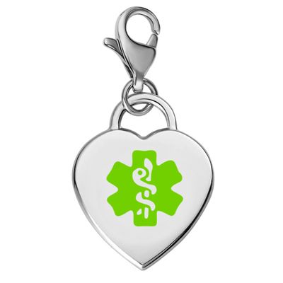 Divoti Deep Custom Laser Engraved Adorable Heart 316L Medical Alert Charm / Medical ID Charm w/ Lobster Clasp-Green