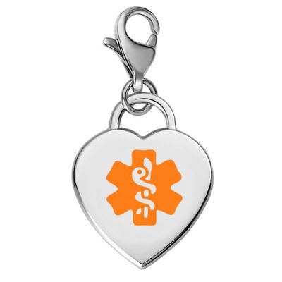 Divoti Deep Custom Laser Engraved Adorable Heart 316L Medical Alert Charm / Medical ID Charm w/ Lobster Clasp-Orange