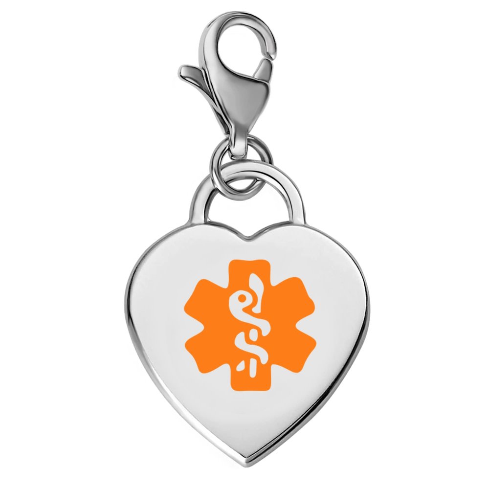 Divoti Deep Custom Laser Engraved Adorable Heart 316L Medical Alert Charm / Medical ID Charm w/ Lobster Clasp-Orange