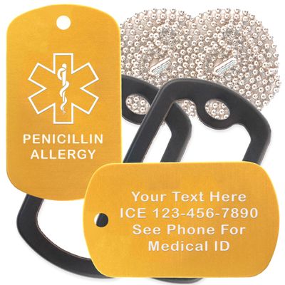 Custom 2 Pack - Penicillin Allergy Medical Alert ID Necklaces with Gold Custom Tags, Black Silencers, and 30'' USA Chains