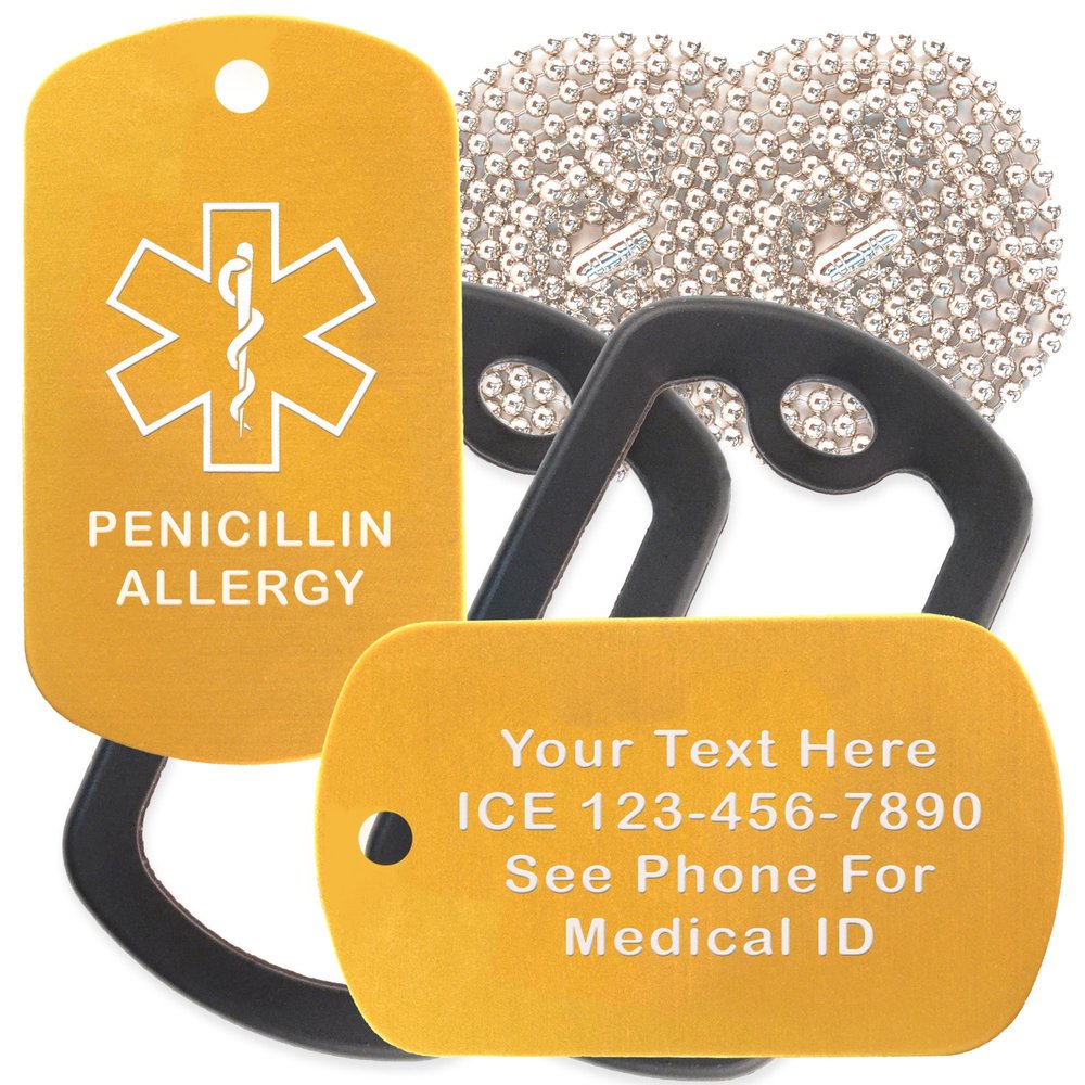 Custom 2 Pack - Penicillin Allergy Medical Alert ID Necklaces with Gold Custom Tags, Black Silencers, and 30'' USA Chains