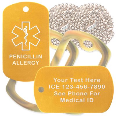 Custom 2 Pack - Penicillin Allergy Medical Alert ID Necklaces with Gold Custom Tags, Camo Forest Silencers, and 30'' USA Chains
