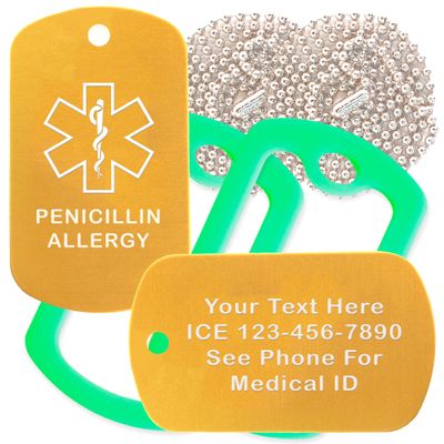 Custom 2 Pack - Penicillin Allergy Medical Alert ID Necklaces with Gold Custom Tags, Green Silencers, and 30'' USA Chains