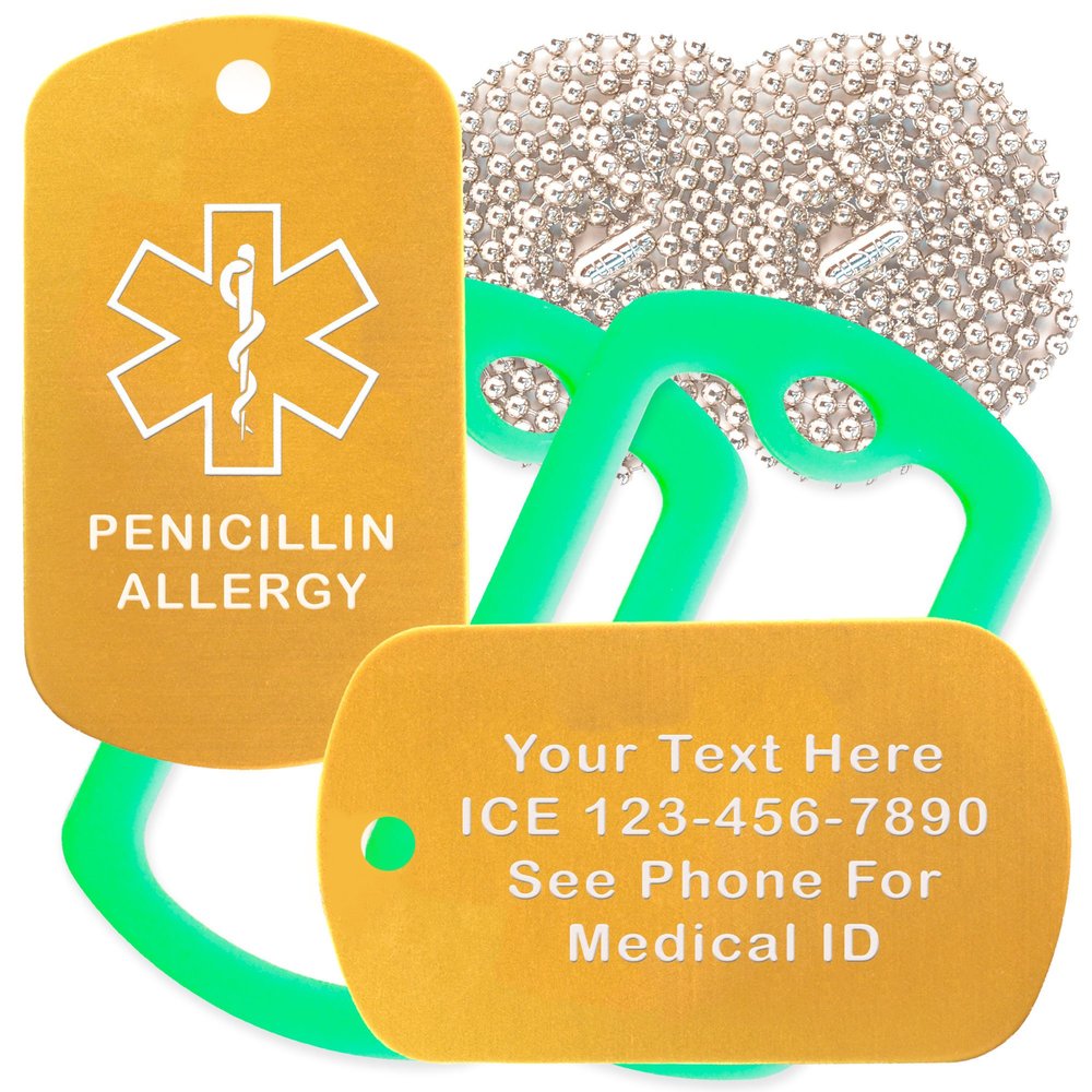 Custom 2 Pack - Penicillin Allergy Medical Alert ID Necklaces with Gold Custom Tags, Green Silencers, and 30'' USA Chains