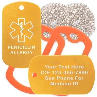 Custom 2 Pack - Penicillin Allergy Medical Alert ID Necklaces with Gold Custom Tags, Orange Silencers, and 30'' USA Chains