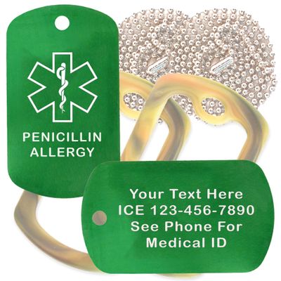 Custom 2 Pack - Penicillin Allergy Medical Alert ID Necklaces with Green Custom Tags, Camo Forest Silencers, and 30'' USA Chains
