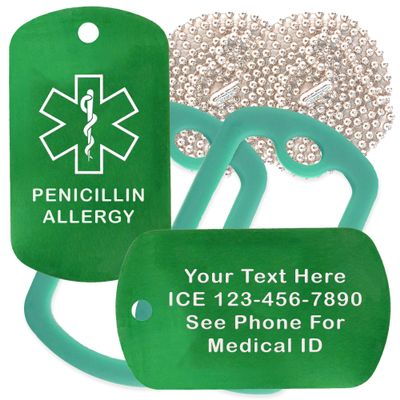 Custom 2 Pack - Penicillin Allergy Medical Alert ID Necklaces with Green Custom Tags, Green Dark Silencers, and 30'' USA Chains