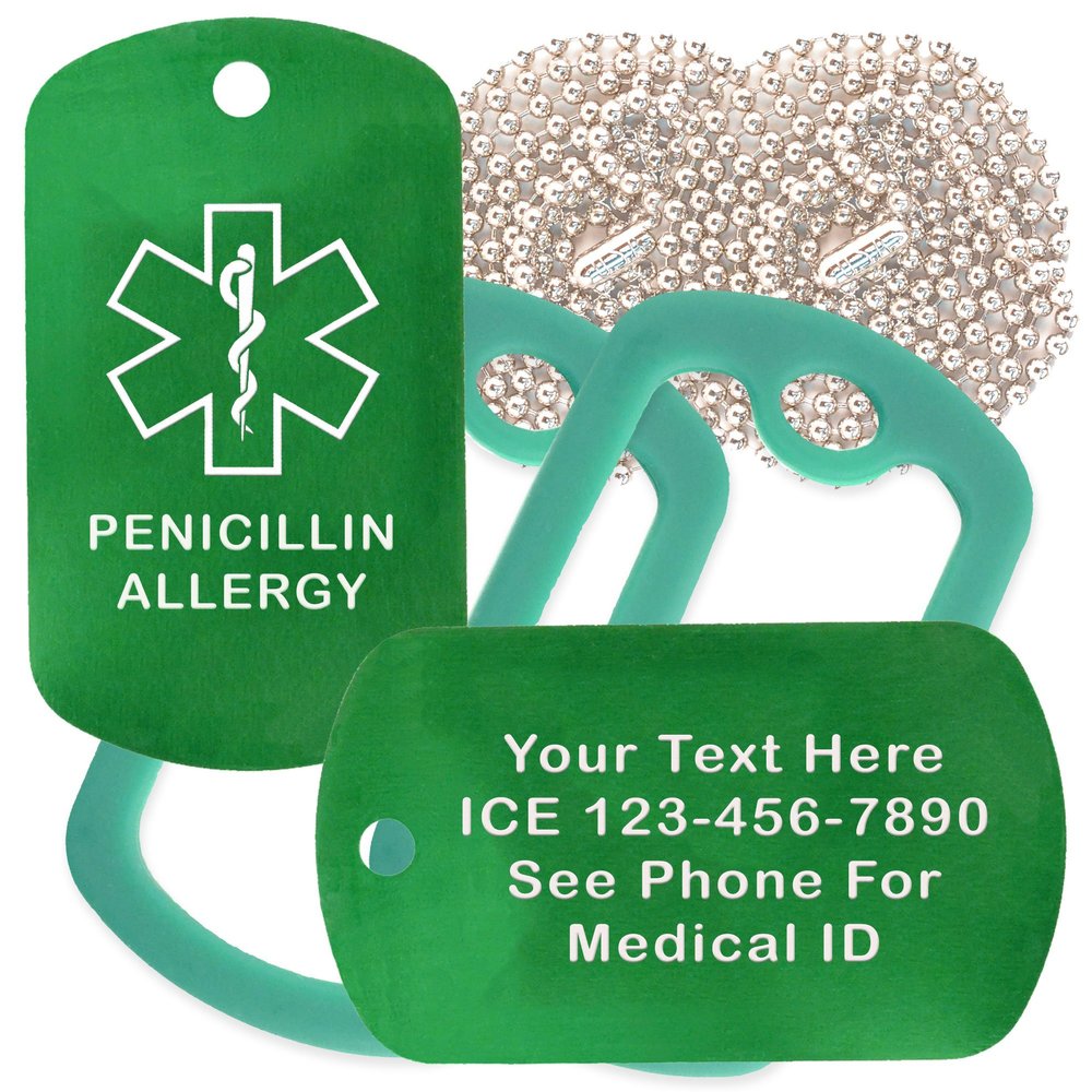 Custom 2 Pack - Penicillin Allergy Medical Alert ID Necklaces with Green Custom Tags, Green Dark Silencers, and 30'' USA Chains