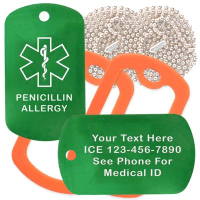Custom 2 Pack - Penicillin Allergy Medical Alert ID Necklaces with Green Custom Tags, Orange Silencers, and 30'' USA Chains