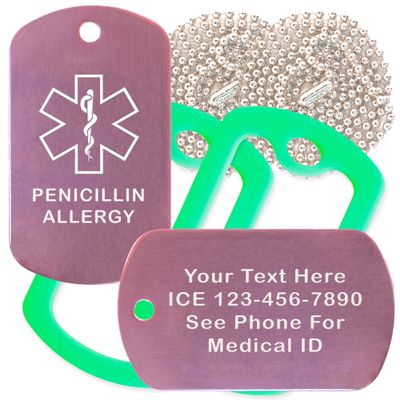 Custom 2 Pack - Penicillin Allergy Medical Alert ID Necklaces with Pink Custom Tags, Green Silencers, and 30'' USA Chains