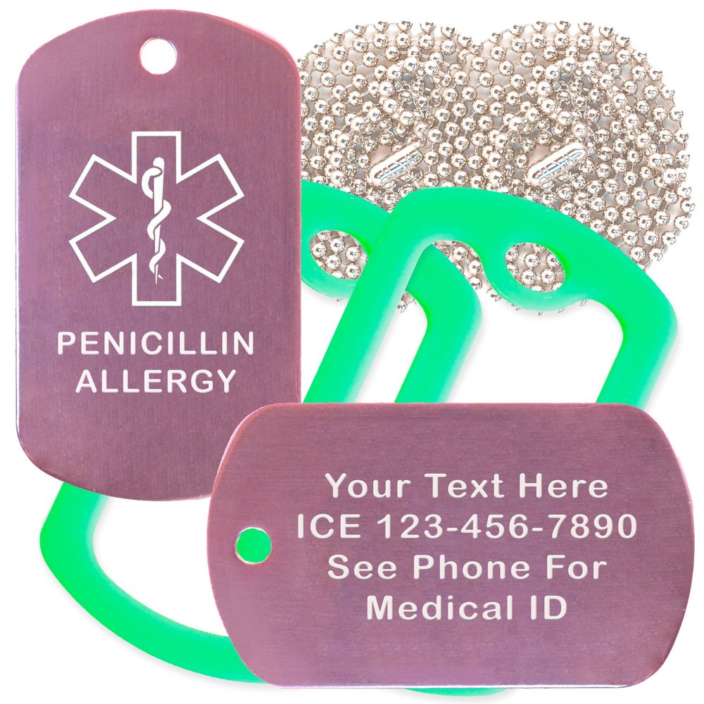 Custom 2 Pack - Penicillin Allergy Medical Alert ID Necklaces with Pink Custom Tags, Green Silencers, and 30'' USA Chains