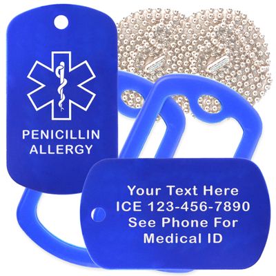 Custom 2 Pack - Penicillin Allergy Medical Alert ID Necklaces with Blue Custom Tags, Blue Silencers, and 30'' USA Chains