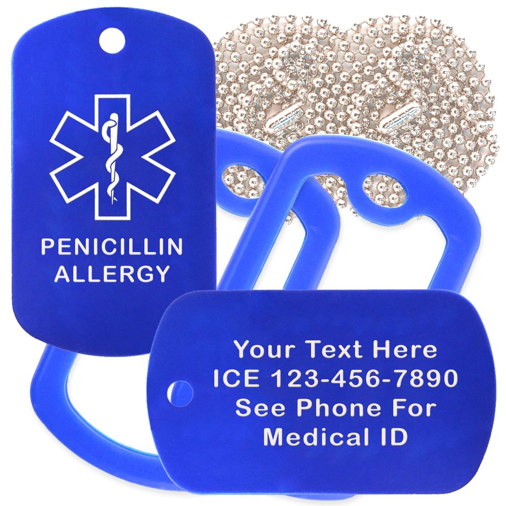 Custom 2 Pack - Penicillin Allergy Medical Alert ID Necklaces with Blue Custom Tags, Blue Silencers, and 30'' USA Chains