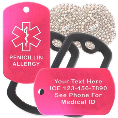 Custom 2 Pack - Penicillin Allergy Medical Alert ID Necklaces with Pink Hot Custom Tags, Black Silencers, and 30'' USA Chains