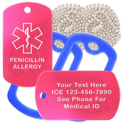 Custom 2 Pack - Penicillin Allergy Medical Alert ID Necklaces with Pink Hot Custom Tags, Blue Silencers, and 30'' USA Chains