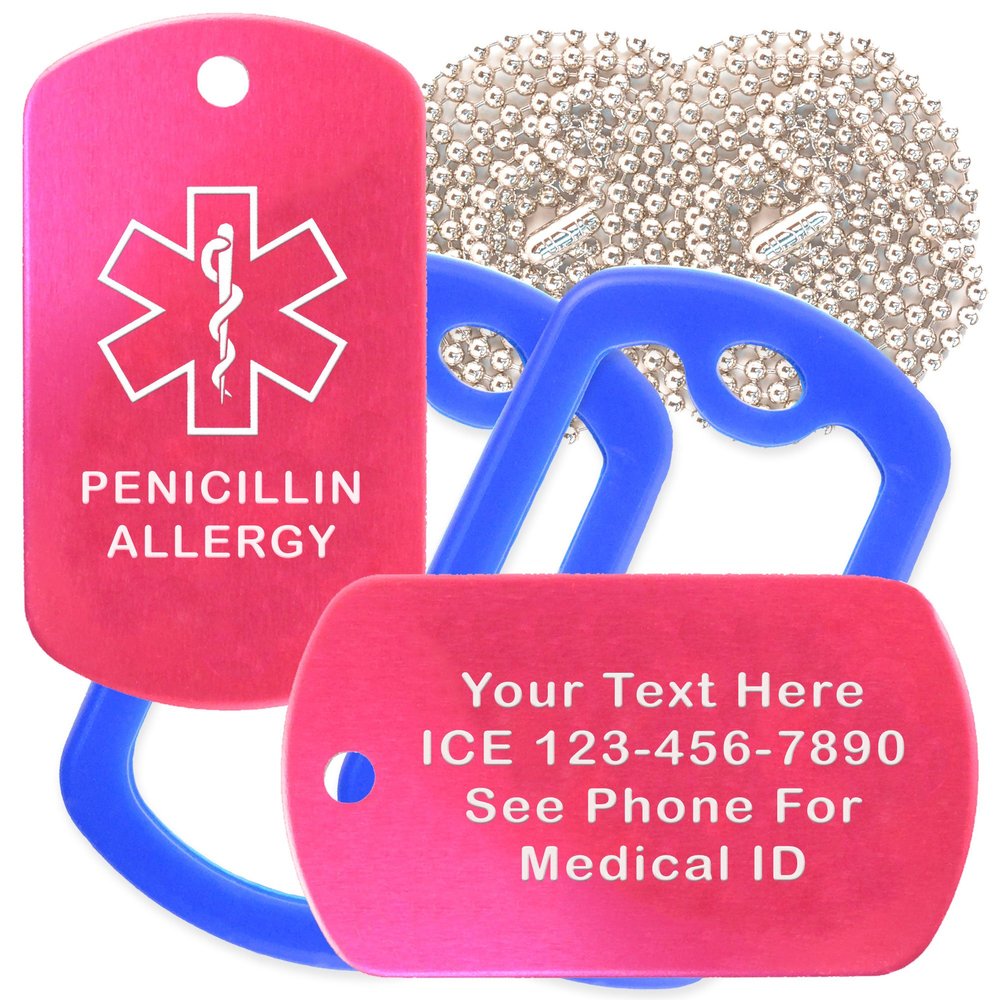 Custom 2 Pack - Penicillin Allergy Medical Alert ID Necklaces with Pink Hot Custom Tags, Blue Silencers, and 30'' USA Chains