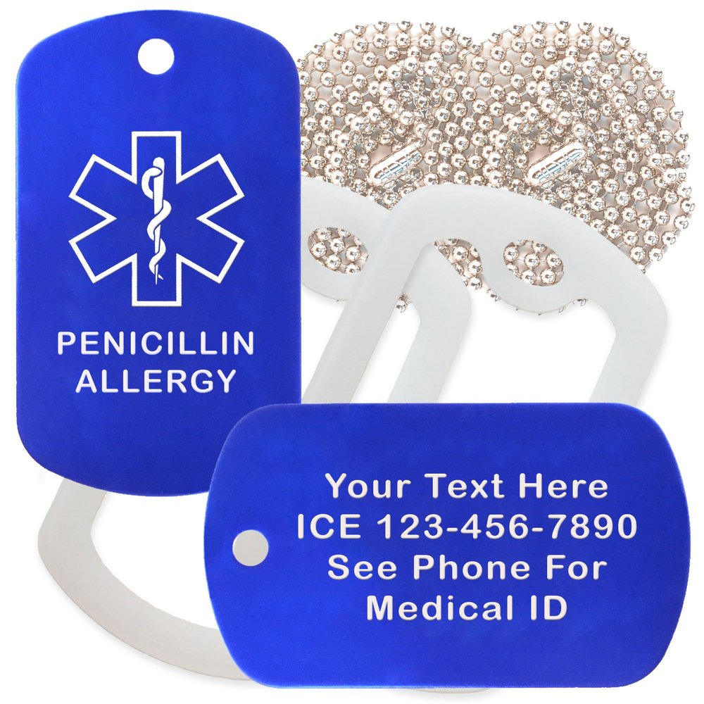 Custom 2 Pack - Penicillin Allergy Medical Alert ID Necklaces with Blue Custom Tags, Clear Silencers, and 30'' USA Chains