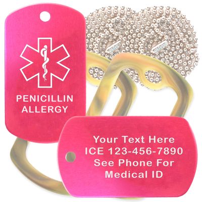 Custom 2 Pack - Penicillin Allergy Medical Alert ID Necklaces with Pink Hot Custom Tags, Camo Forest Silencers, and 30'' USA Chains