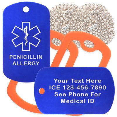 Custom 2 Pack - Penicillin Allergy Medical Alert ID Necklaces with Blue Custom Tags, Orange Silencers, and 30'' USA Chains