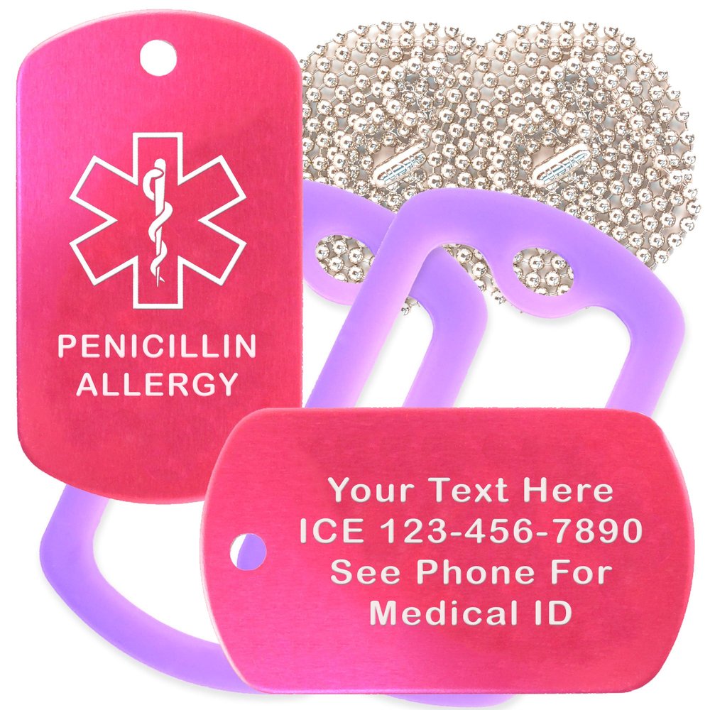 Custom 2 Pack - Penicillin Allergy Medical Alert ID Necklaces with Pink Hot Custom Tags, Purple Silencers, and 30'' USA Chains