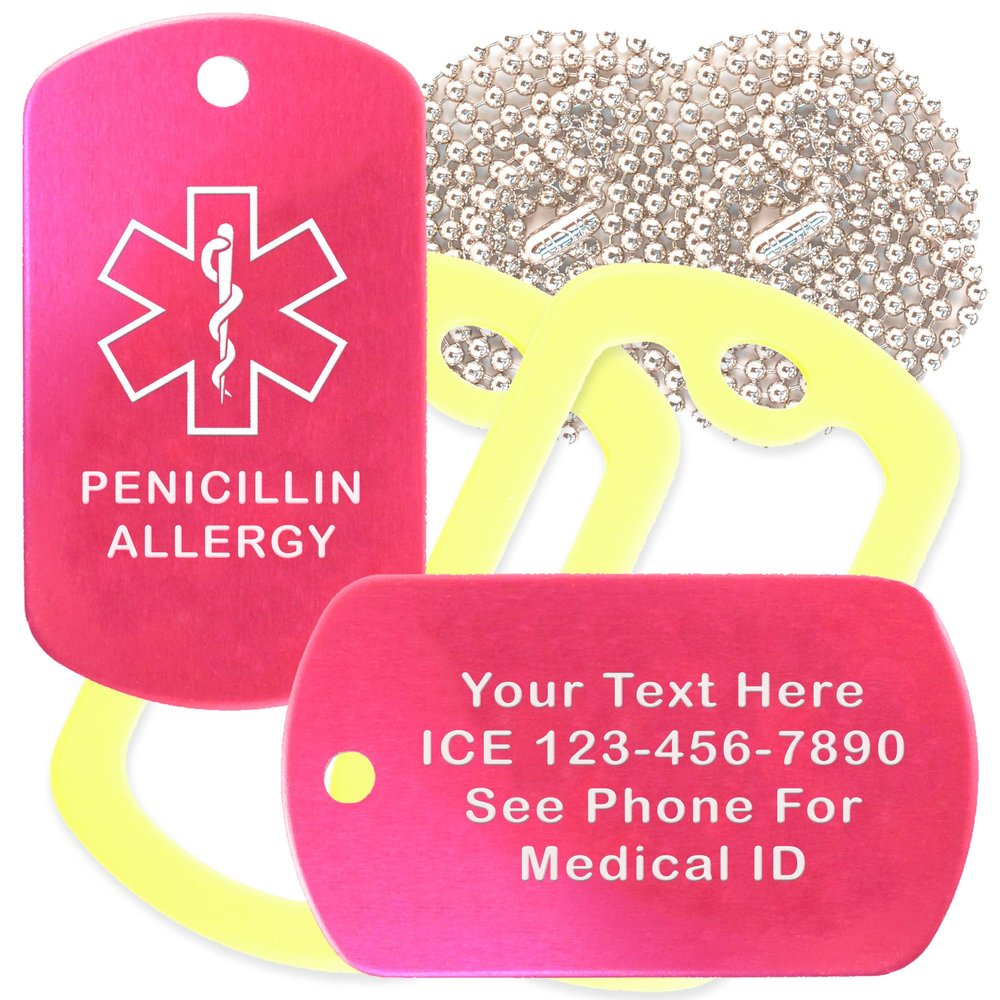 Custom 2 Pack - Penicillin Allergy Medical Alert ID Necklaces with Pink Hot Custom Tags, Yellow Silencers, and 30'' USA Chains