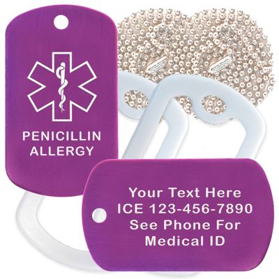 Custom 2 Pack - Penicillin Allergy Medical Alert ID Necklaces with Purple Custom Tags, White Silencers, and 30'' USA Chains