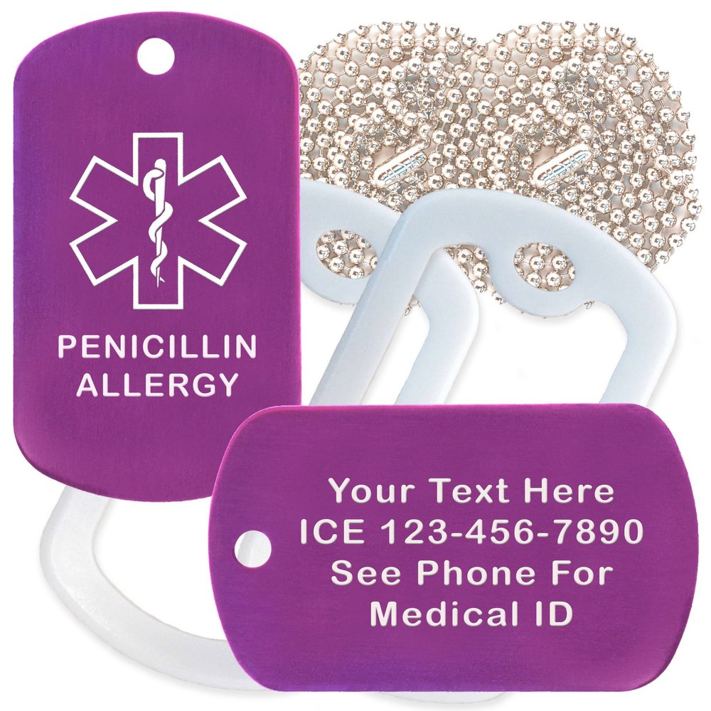 Custom 2 Pack - Penicillin Allergy Medical Alert ID Necklaces with Purple Custom Tags, White Silencers, and 30'' USA Chains