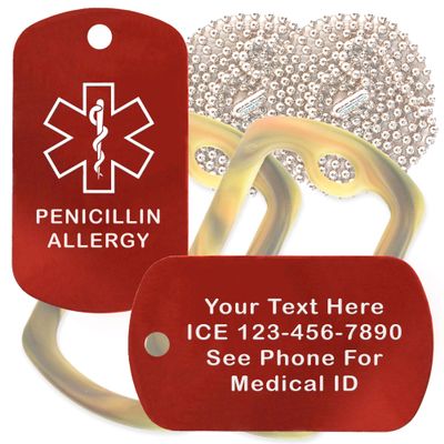 Custom 2 Pack - Penicillin Allergy Medical Alert ID Necklaces with Red Custom Tags, Camo Forest Silencers, and 30'' USA Chains