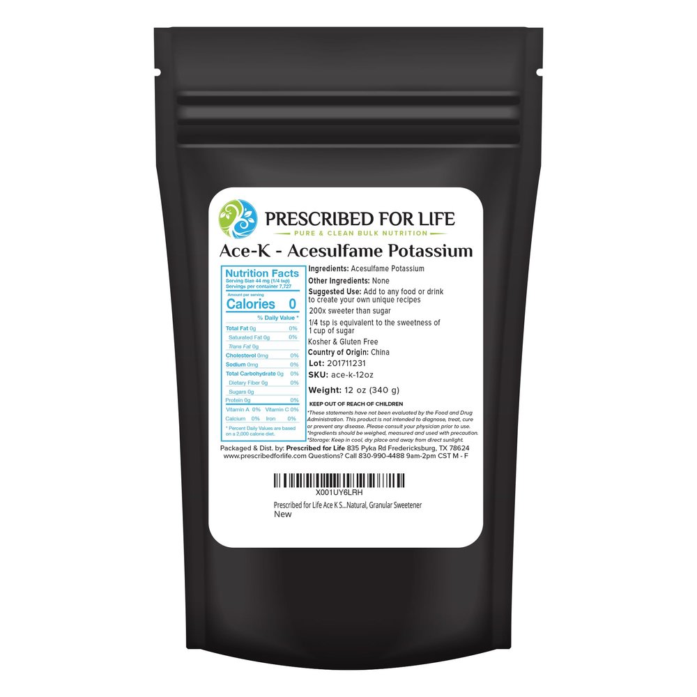Prescribed For Life Ace K Sweetener, Acesulfame Potassium Powder, 200x Sweeter Than Sugar Zero Calorie, Kosher, Semi Natural, Granular Sweetener (12oz / 340g)