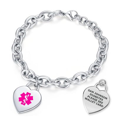 Divoti Custom Engraved Medical Alert ID Bracelet for Women | Heart Charm Medical ID Tag | Adjustable Curb Chain with Lobster Claw | Stainless Steel, Durable & Waterproof | Fits Wrists 8.5" Violet