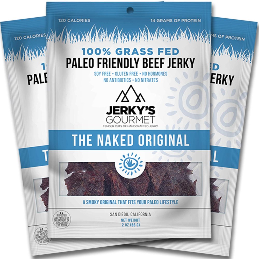 Naked Grass Fed Beef Jerky - 120 Calorie Snacks, Gourmet Healthy Low Carb, High Protein - Keto Friendly, Paleo Friendly, Soy Free & Gluten Free (3 Packs)