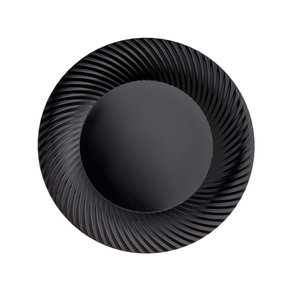 Party Essentials Disposable Plastic Tableware with Swirled Designed Rims, Black, 7" Salad/Dessert Plates, 70-Count
