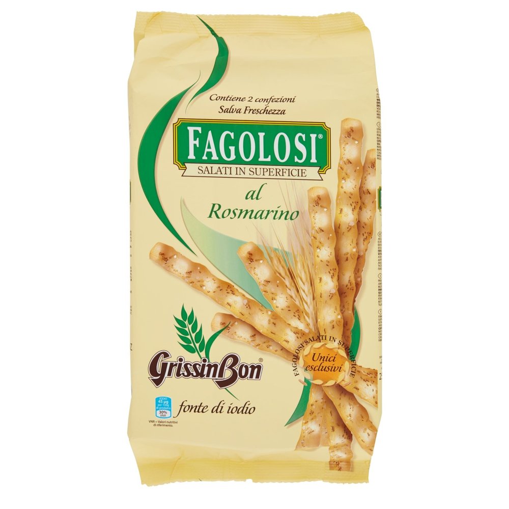 Grissin Bon: "Fagolosi" Salted Italian Breadsticks, Rosemary Taste - 8.45oz(250g) Packages (Pack of 2)
