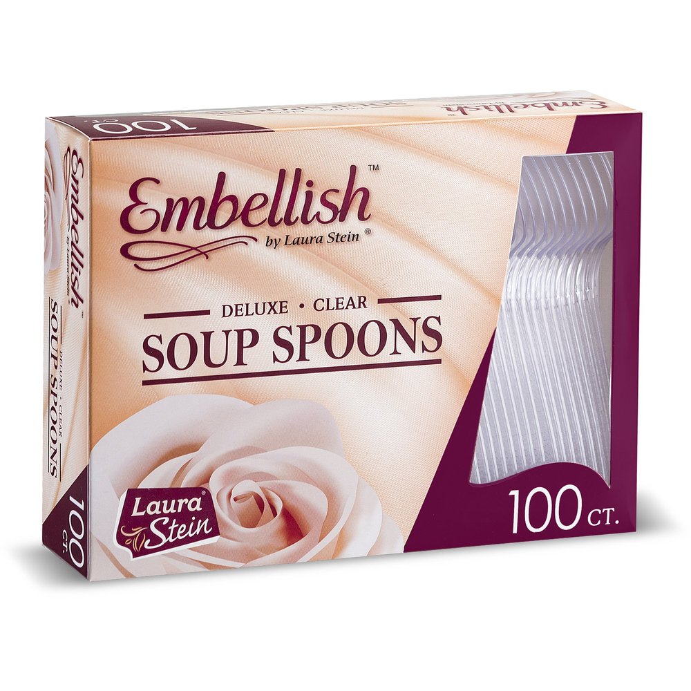 [100 Soup Spoons] Embellish Crystal Clear Disposable Heavy Duty Plastic Spoons, Ideal For Wedding, Catering, Parties, Buffets, Events, Or Everyday Use,