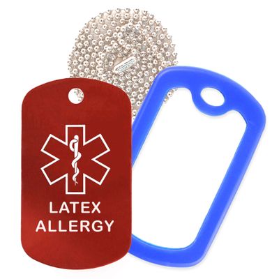 Latex Allergy Medical Alert ID Necklace with Red Tag, Blue Silencer, and 30'' USA Chain - 154 Color Choices