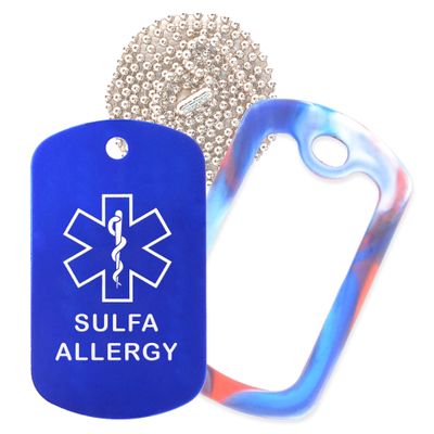 Sulfa Allergy Medical Alert ID Necklace with Blue Tag, Red/White/Blue Silencer, and 30'' USA Chain - 154 Color Choices