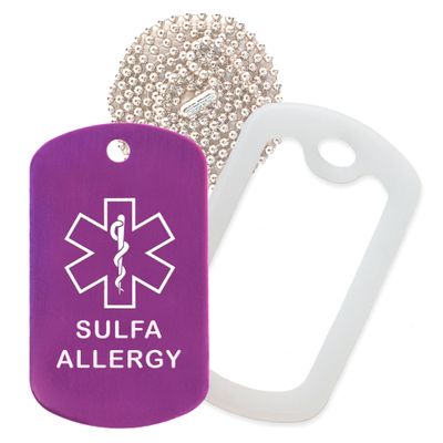Sulfa Allergy Medical Alert ID Necklace with Purple Tag, Clear Silencer, and 30'' USA Chain - 154 Color Choices