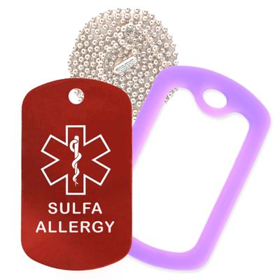 Sulfa Allergy Medical Alert ID Necklace with Red Tag, Purple Silencer, and 30'' USA Chain - 154 Color Choices