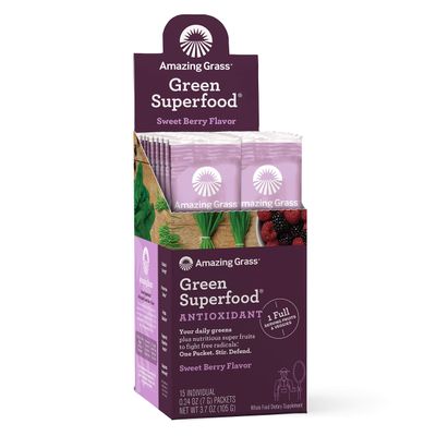 Amazing Grass Green Superfood Antioxidant: Super Greens Powder with Spirulina, Elderberry & Probiotics, Sweet Berry, 15 Servings