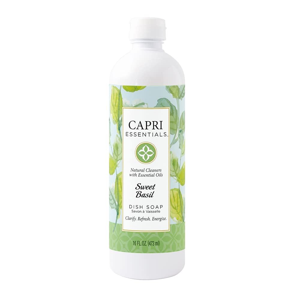 CAPRI ESSENTIALS Dish Soap Liquid, Natural Household Cleaning Supplies, Plant Based Aromatic Dish Detergent, Blend of Essential Oils with Almond Oil, Eucalyptus & Peppermint, Sweet Basil, 16 FL Oz