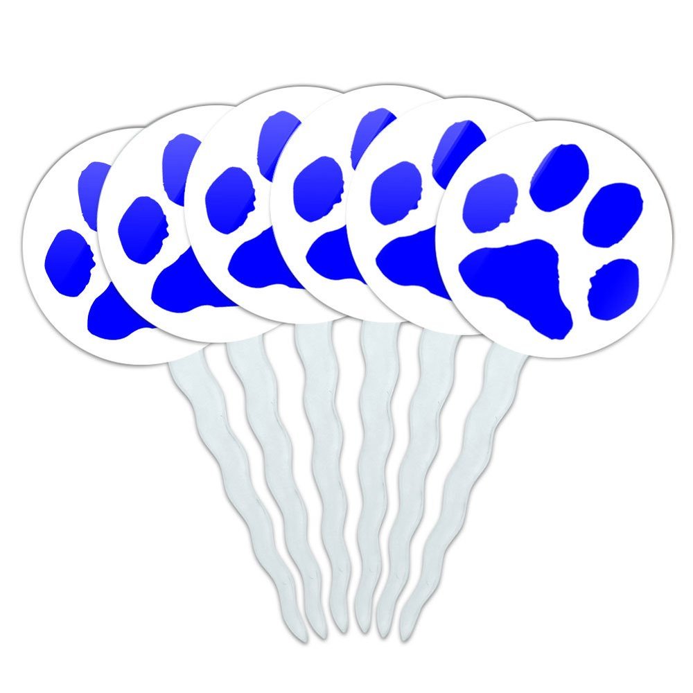 Set of 6 Cupcake Picks Toppers Decoration Paw Print - Blue