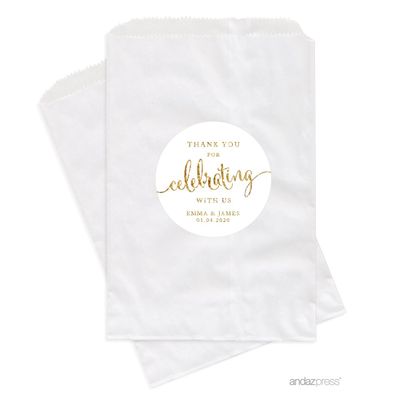 Andaz Press Personalized Dessert Table Party Favor Bags, Thank You for Celebrating With Us, Gold Glitter Print, 24-Pack, Custom For Wedding Baby Shower Graduation Candy Buffet Treat Bags