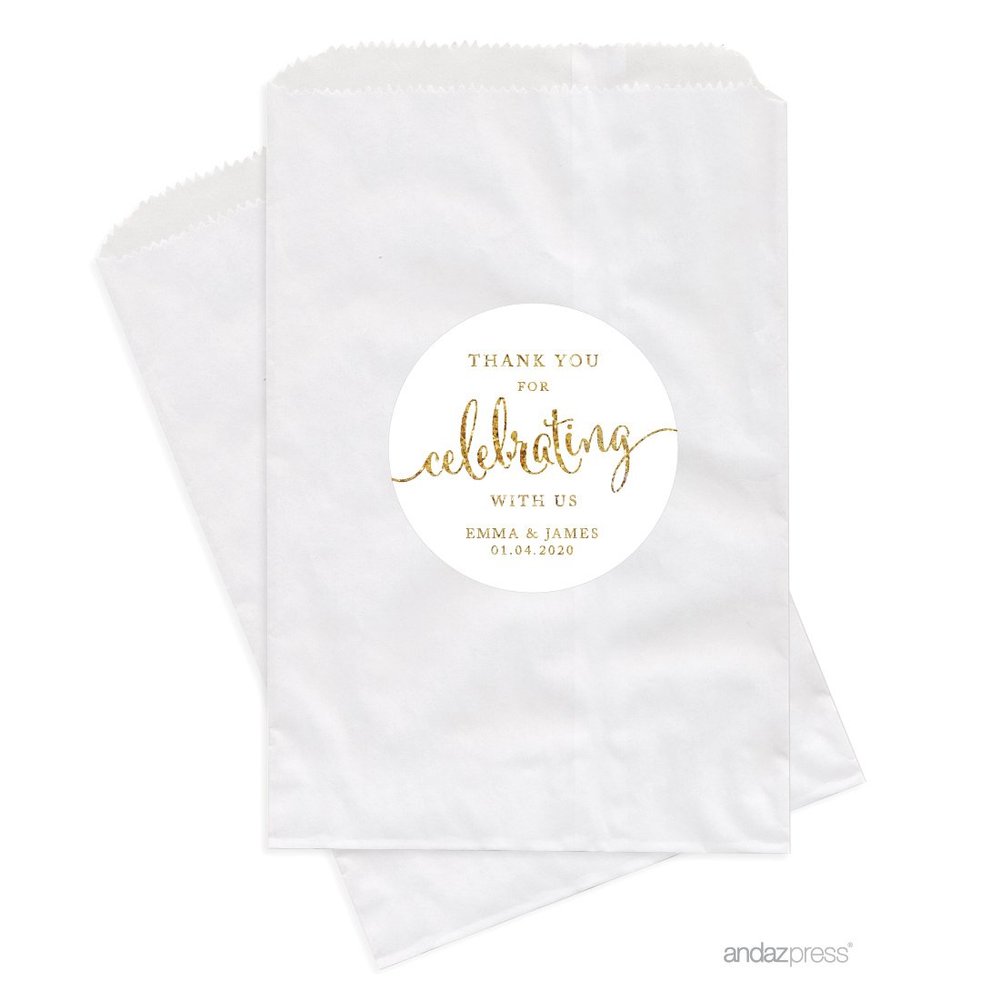 Andaz Press Personalized Dessert Table Party Favor Bags, Thank You for Celebrating With Us, Gold Glitter Print, 24-Pack, Custom For Wedding Baby Shower Graduation Candy Buffet Treat Bags