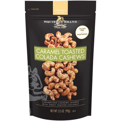 SQUIRREL BRAND Caramel Toasted Colada Cashews 3.5 oz Resealable Bag with sweet toasted coconut, natural flavors