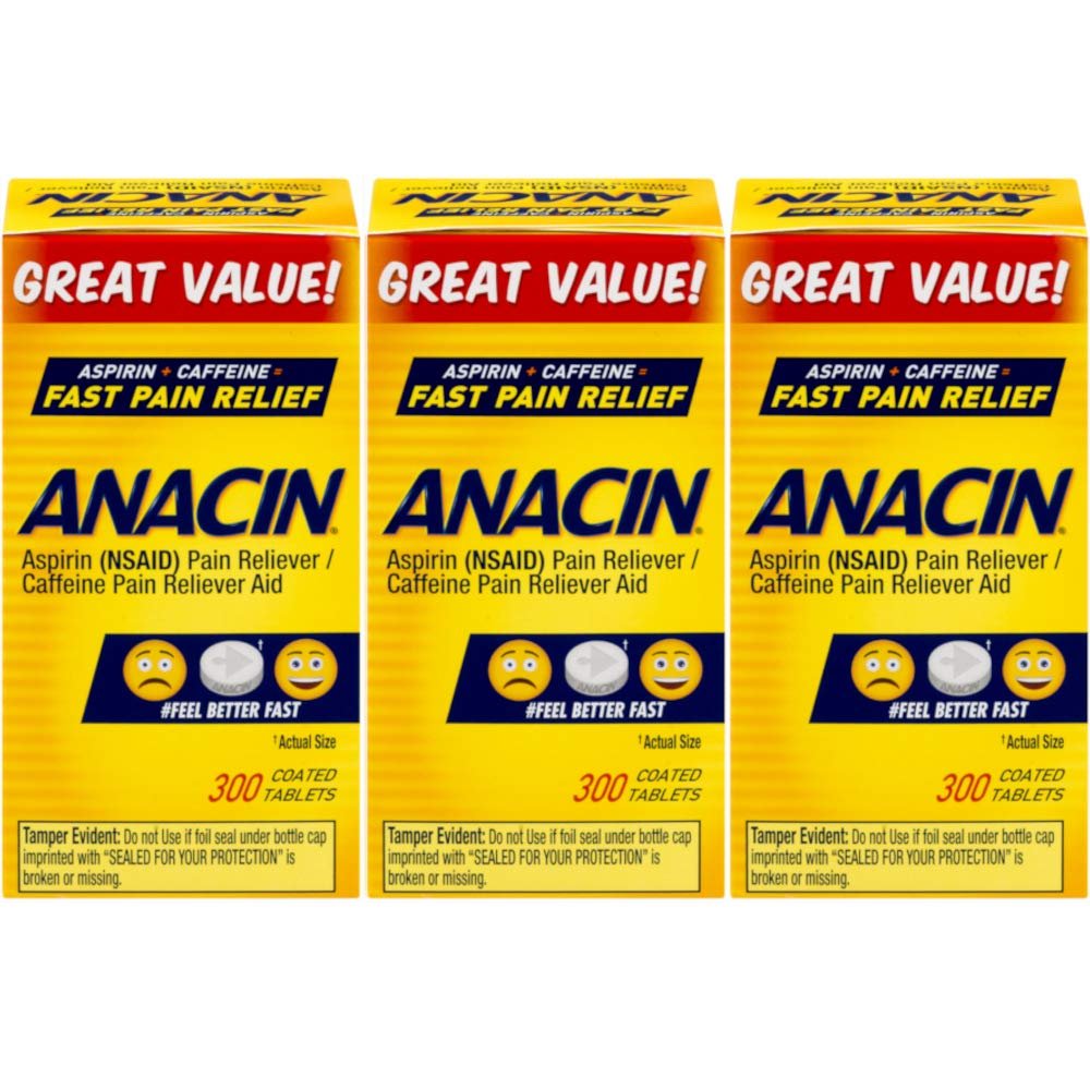Anacin Fast Pain Relief Pain Reducer Aspirin Tablets, 300 Tablets, (Pack of 3)