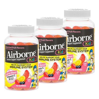 Airborne 500mg Vitamin C + Zinc Immune Support Supplement Gummies for Kids, Assorted Fruit Flavor, Gluten Free Crafted Blend with Powerful Antioxidants Vitamins C & E, 42 Gummies (3 Pack)